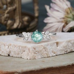 Round Moss Agate Promise Ring Earthy Green Leaf Nature Six Claw Setting Ring