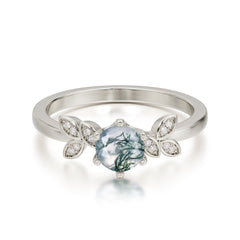 Round Moss Agate Promise Ring Nature Inspired Leaf Engagement Ring Six Claw Prong Setting