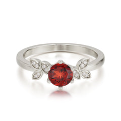 Round Garnet Promise Ring Nature Inspired Leaf Engagement Ring Six Claw Prong Setting