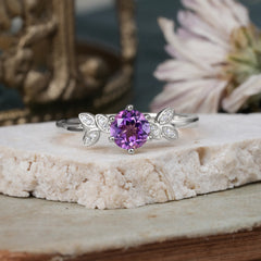 Round Amethyst Purple Nature Inspired Leaf Promise and Engagement Ring