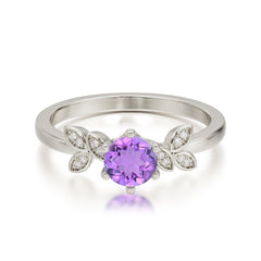 Round Amethyst Promise Ring Nature Inspired Leaf Engagement Ring Six Claw Prong Setting
