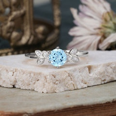 Nature Inspired Round Aquamarine Light Blue Leaf Engagement Ring Six Claw Setting