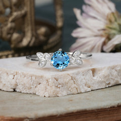 Nature Inspired Round Aquamarine Light Blue Leaf Engagement Ring Six Claw Setting