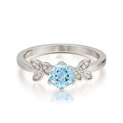 Round Aquamarine Promise Ring Nature Inspired Leaf Engagement Ring Six Claw Prong Setting