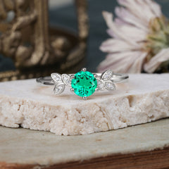 Round Emerald Vintage Green Leaf Engagement Ring Six Claw Setting