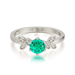 Round Emerald Promise Ring Nature Inspired Leaf Engagement Ring Six Claw Prong Setting