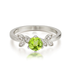 Round Peridot Promise Ring Nature Inspired Leaf Engagement Ring Six Claw Prong Setting