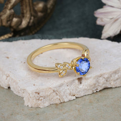 Nature Inspired Round Six Claw Sapphire Leaf Engagement Ring