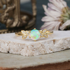 Round White Opal Rainbow Sparkle Leaf Promise Ring Nature Inspired Six Claw Setting