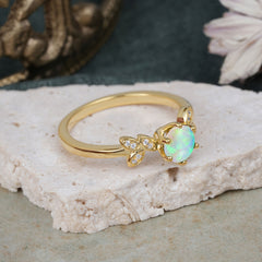 Round White Opal Rainbow Sparkle Leaf Promise Ring Nature Inspired Six Claw Setting