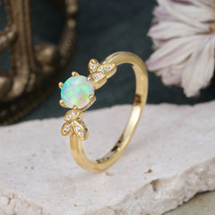 Round White Opal Rainbow Sparkle Leaf Promise Ring Nature Inspired Six Claw Setting