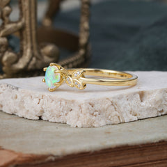 Round White Opal Rainbow Sparkle Leaf Promise Ring Nature Inspired Six Claw Setting