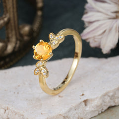 6 Prong Round Cut Citrine Brilliant Sparkle Leaf Engagement Ring Nature Inspired Ring for women