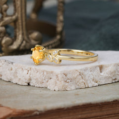 6 Prong Round Cut Citrine Brilliant Sparkle Leaf Engagement Ring Nature Inspired Ring for women
