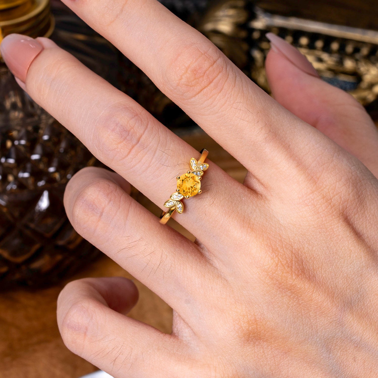 6 Prong Round Cut Citrine Brilliant Sparkle Leaf Engagement Ring Nature Inspired Ring for women