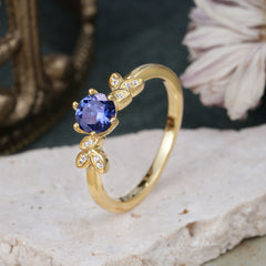 6 Prong Round Cut Tanzanite Brilliant Sparkle Leaf Engagement Ring Nature Inspired Ring for women