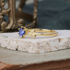 6 Prong Round Cut Tanzanite Brilliant Sparkle Leaf Engagement Ring Nature Inspired Ring for women