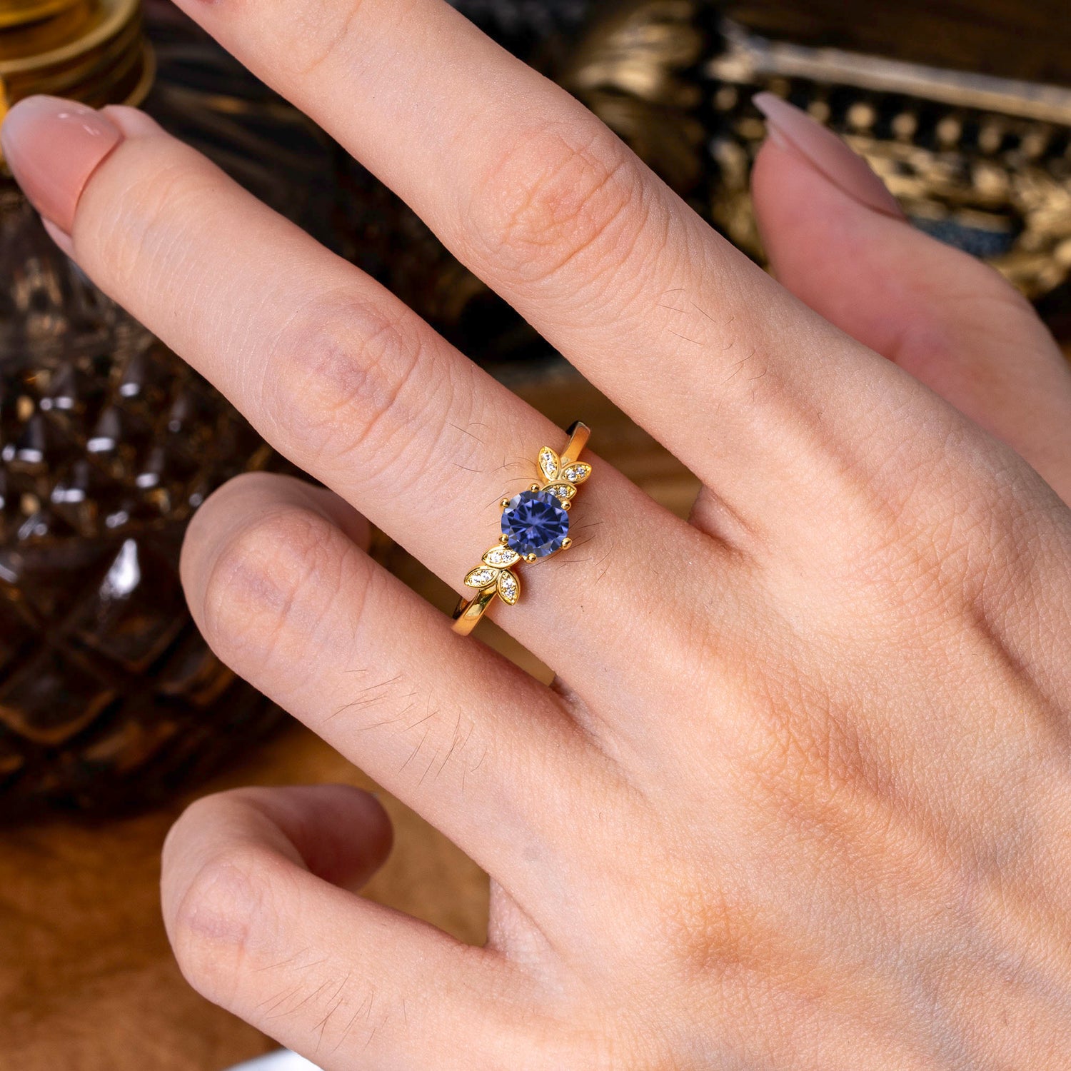 6 Prong Round Cut Tanzanite Brilliant Sparkle Leaf Engagement Ring Nature Inspired Ring for women - Romalar Jewelry