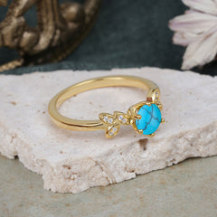 6 Prong Round Cut Turquoise Brilliant Sparkle Leaf Engagement Ring Nature Inspired Ring for women