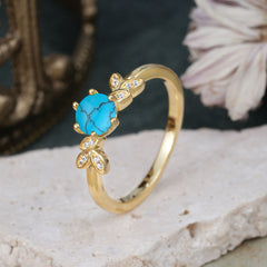 6 Prong Round Cut Turquoise Brilliant Sparkle Leaf Engagement Ring Nature Inspired Ring for women