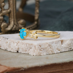 6 Prong Round Cut Turquoise Brilliant Sparkle Leaf Engagement Ring Nature Inspired Ring for women