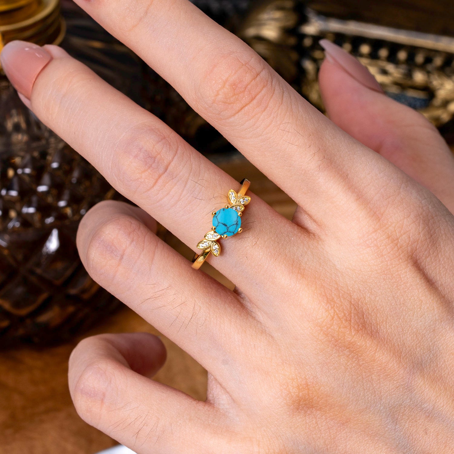 6 Prong Round Cut Turquoise Brilliant Sparkle Leaf Engagement Ring Nature Inspired Ring for women