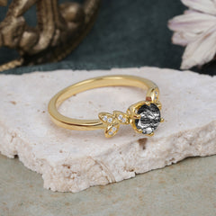 6 Prong Round Cut Black Rutilated Quartz Brilliant Sparkle Leaf Engagement Ring Nature Inspired Ring for women