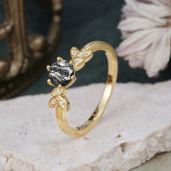 6 Prong Round Cut Black Rutilated Quartz Brilliant Sparkle Leaf Engagement Ring Nature Inspired Ring for women