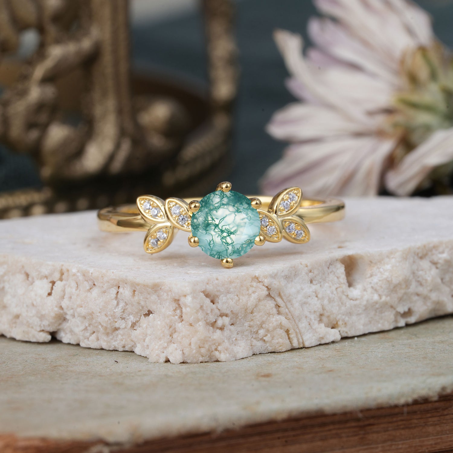 Round Moss Agate Promise Ring Earthy Green Leaf Nature Six Claw Setting Ring