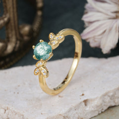 Round Moss Agate Promise Ring Earthy Green Leaf Nature Six Claw Setting Ring