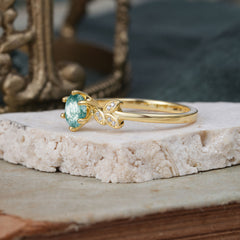Round Moss Agate Promise Ring Earthy Green Leaf Nature Six Claw Setting Ring