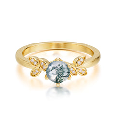 Round Moss Agate Promise Ring Nature Inspired Leaf Engagement Ring Six Claw Prong Setting