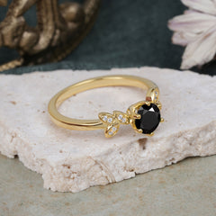 Round Black Onyx Promise Ring Bold Leaf Engagement Ring Six Claw Setting