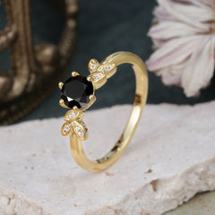 Round Black Onyx Promise Ring Bold Leaf Engagement Ring Six Claw Setting