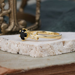 Round Black Onyx Promise Ring Bold Leaf Engagement Ring Six Claw Setting