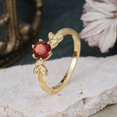 Nature Inspired Round Garnet Deep Red Leaf Six Claw Setting Engagement Ring