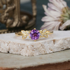 Round Amethyst Purple Nature Inspired Leaf Promise and Engagement Ring