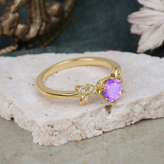 Round Amethyst Purple Nature Inspired Leaf Promise and Engagement Ring