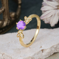 Round Amethyst Purple Nature Inspired Leaf Promise and Engagement Ring