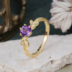Round Amethyst Purple Nature Inspired Leaf Promise and Engagement Ring