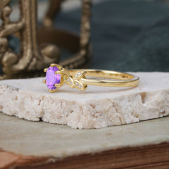 Round Amethyst Purple Nature Inspired Leaf Promise and Engagement Ring