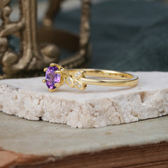 Round Amethyst Purple Nature Inspired Leaf Promise and Engagement Ring
