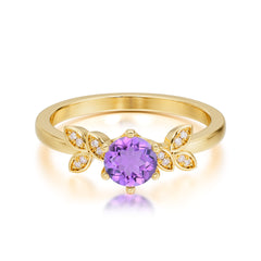 Round Amethyst Promise Ring Nature Inspired Leaf Engagement Ring Six Claw Prong Setting