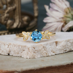 Nature Inspired Round Aquamarine Light Blue Leaf Engagement Ring Six Claw Setting