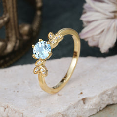 Nature Inspired Round Aquamarine Light Blue Leaf Engagement Ring Six Claw Setting