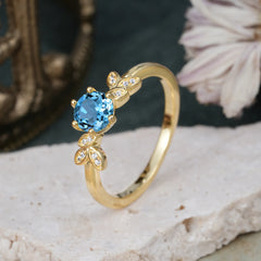 Nature Inspired Round Aquamarine Light Blue Leaf Engagement Ring Six Claw Setting