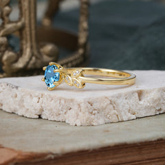 Nature Inspired Round Aquamarine Light Blue Leaf Engagement Ring Six Claw Setting
