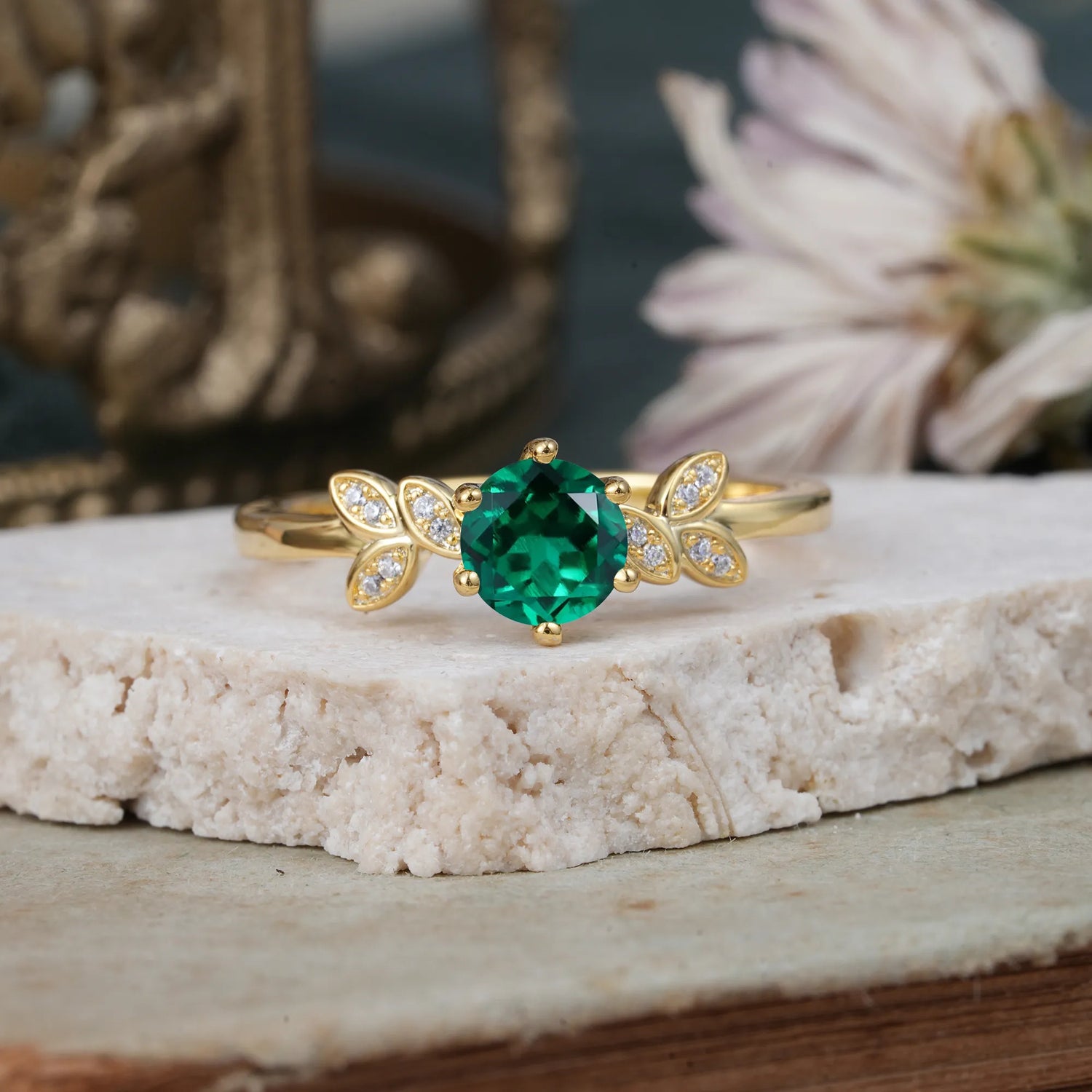 Round Emerald Vintage Green Leaf Engagement Ring Six Claw Setting - Romalar Jewelry