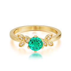 Round Emerald Promise Ring Nature Inspired Leaf Engagement Ring Six Claw Prong Setting