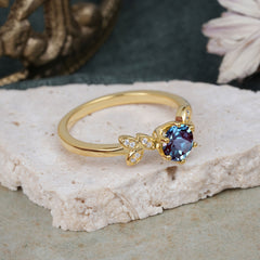 Round Alexandrite Brilliant Sparkle Leaf Engagement Ring Nature Inspired Ring for women